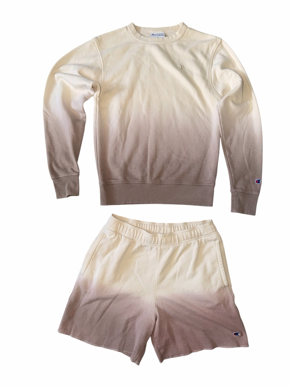 Champion Ombre Crewneck Sweatshirt & Shorts Matching Set Beige Brown